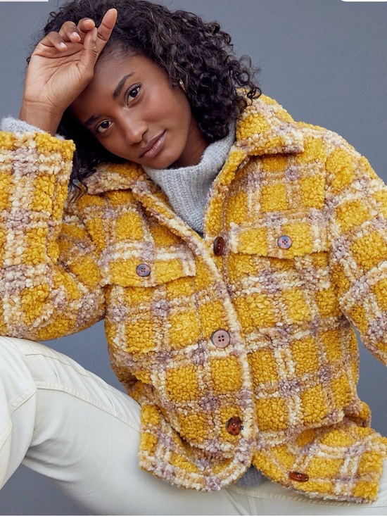 Driftwood Jackets & Blazers - Anthropologie Driftwood Ryan Mustard Plaid Sherpa Shirt Jacket - Size S